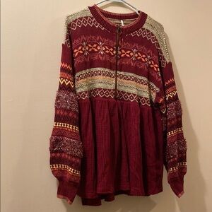 Free People Women's Burgundy Patterned Sweater - medium - babydoll